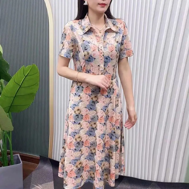 Women\'s 2024 Summer New Pullover Style V-neck Spliced Print Pocket Lace Fashion Loose and Slimming Mid Length Waist Dress