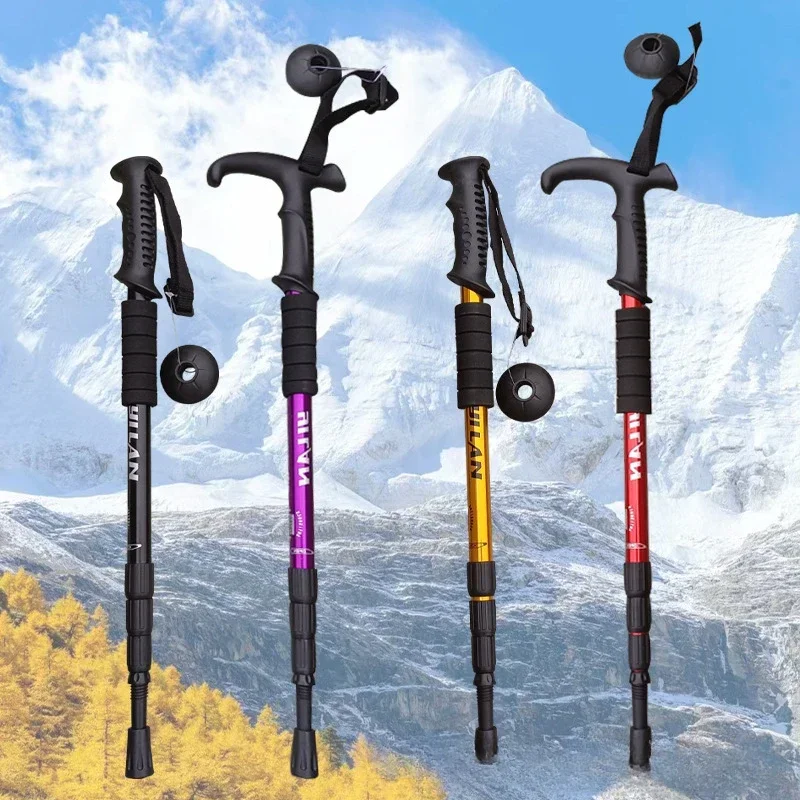 Walking Sticks Mountaineering Stick Aluminum Alloy Convenient Telescopic Stick Shock-absorbing Curved Handle Random Color