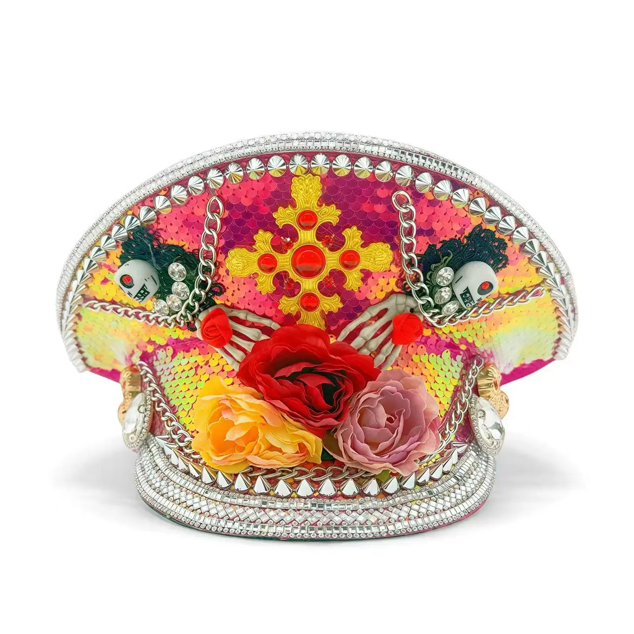 HongLuan Chapéu de capitão com laço de couro amarelo laser strass e bonés militares para mulheres, acessórios para festivais rave e boné de festa masculino