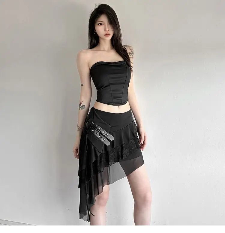 26SS Punk Lace Stitching Design Irregular Lace-up Skirt Women