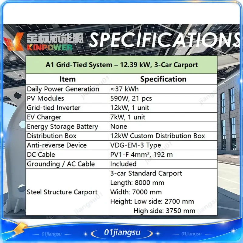 12.39kW Grid Tied Solar Carport System for 3 Cars Commercial PV Parking Solution Photovoltaic Canopy Structure Renewable