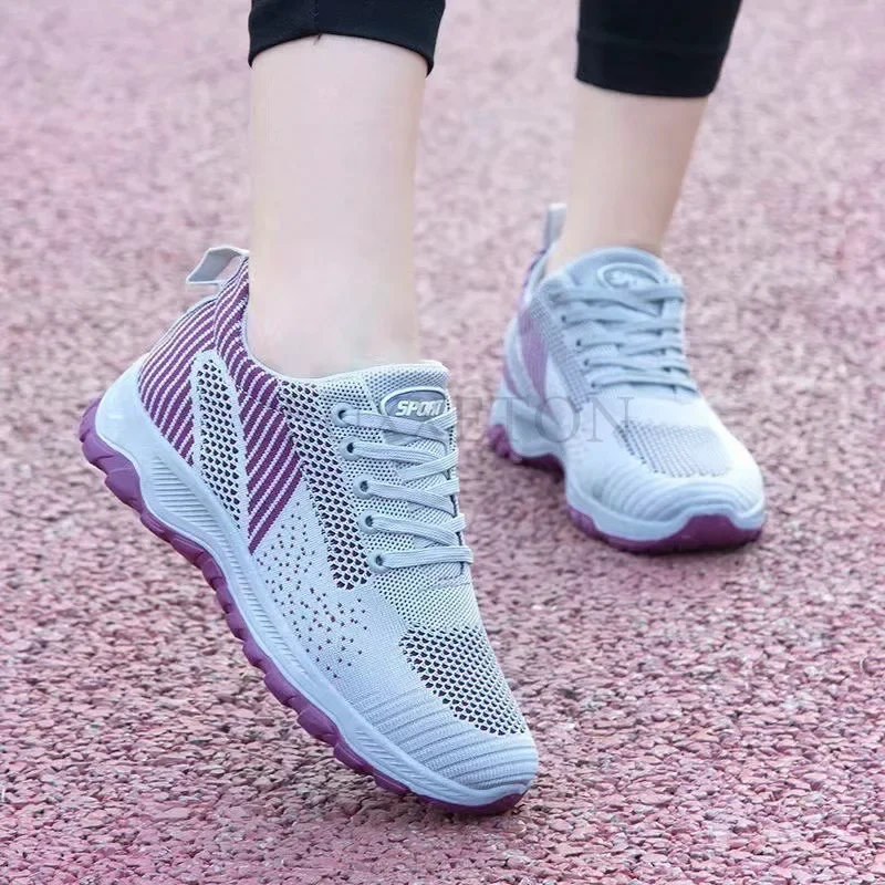 Women Flat Shoes 2024 Summer New Fashion Mesh Breathable Soft Bottom Lace Up Comfortable Outdoor Running Sneakers