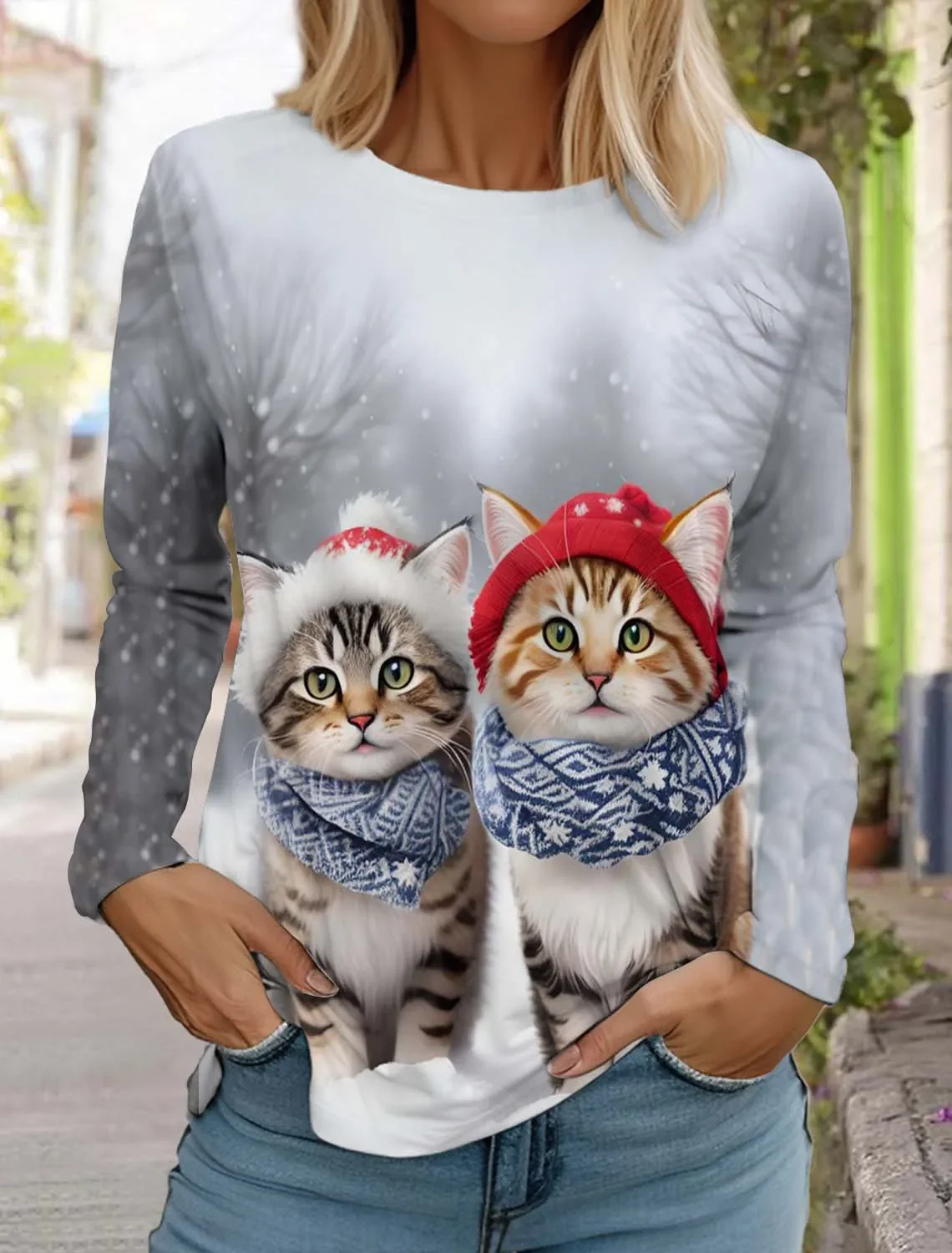 女性の長袖クリスマスTシャツ,猫と犬の服,原宿の動物のトップス,ホリデーギフト,カジュアルファッション