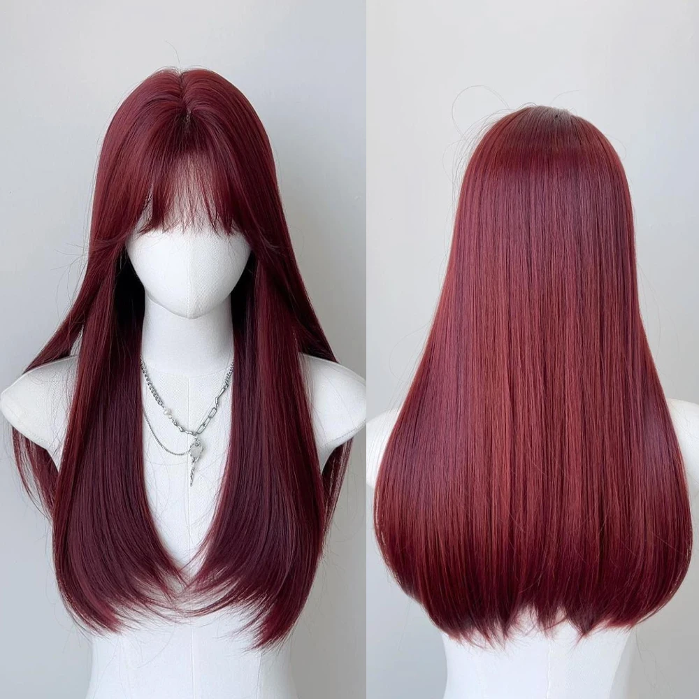 

Длинный прямой синтетический красный с челкой женский пушистый парик Лолита косплей термостойкий парик для повседневной вечеринки