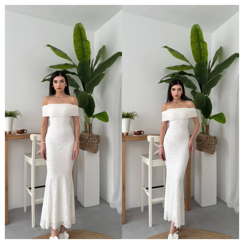 Customized Modern White lace Evening Dress Simple Boat Neck Off the Shoulder Sleeveless Party Dress Delicate Celebrity Gowns