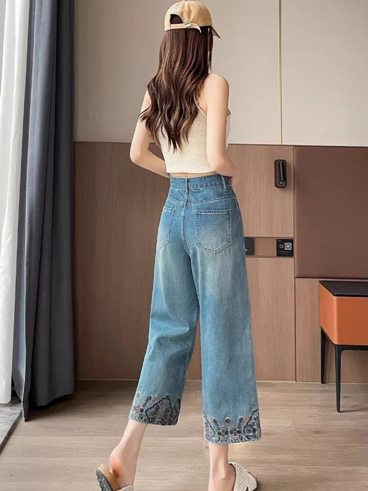 

Embroidered Lace Wide Leg Jeans for Women 2026 Spring Summer Lightweight Trendy Petite Relaxed Fit Chinese Style Ankle Length