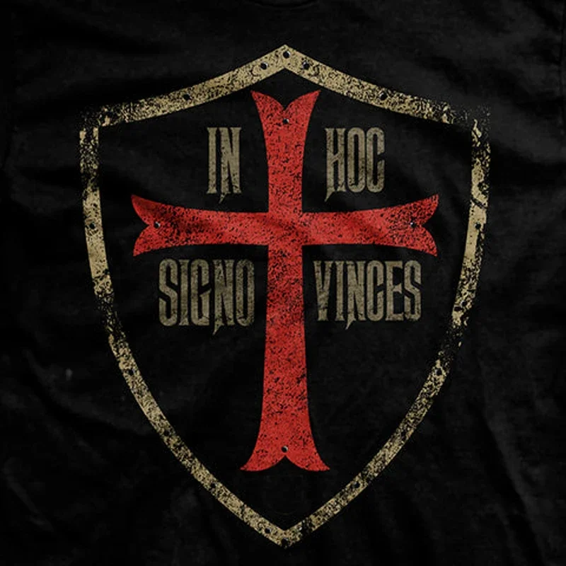 Latin In This Sign: You Will Conquer. Crusades Sign Cross T Shirt. Short Sleeve 100% Cotton Casual T-shirts Loose Top Size S-3X