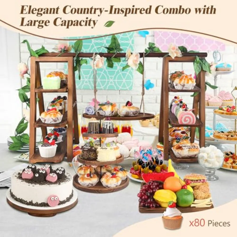 Party Catering Use: Wooden 3-Tier Swing Cupcake Stand Set With Floral Decor, Square And Round Trays, Foldable Ladder Display