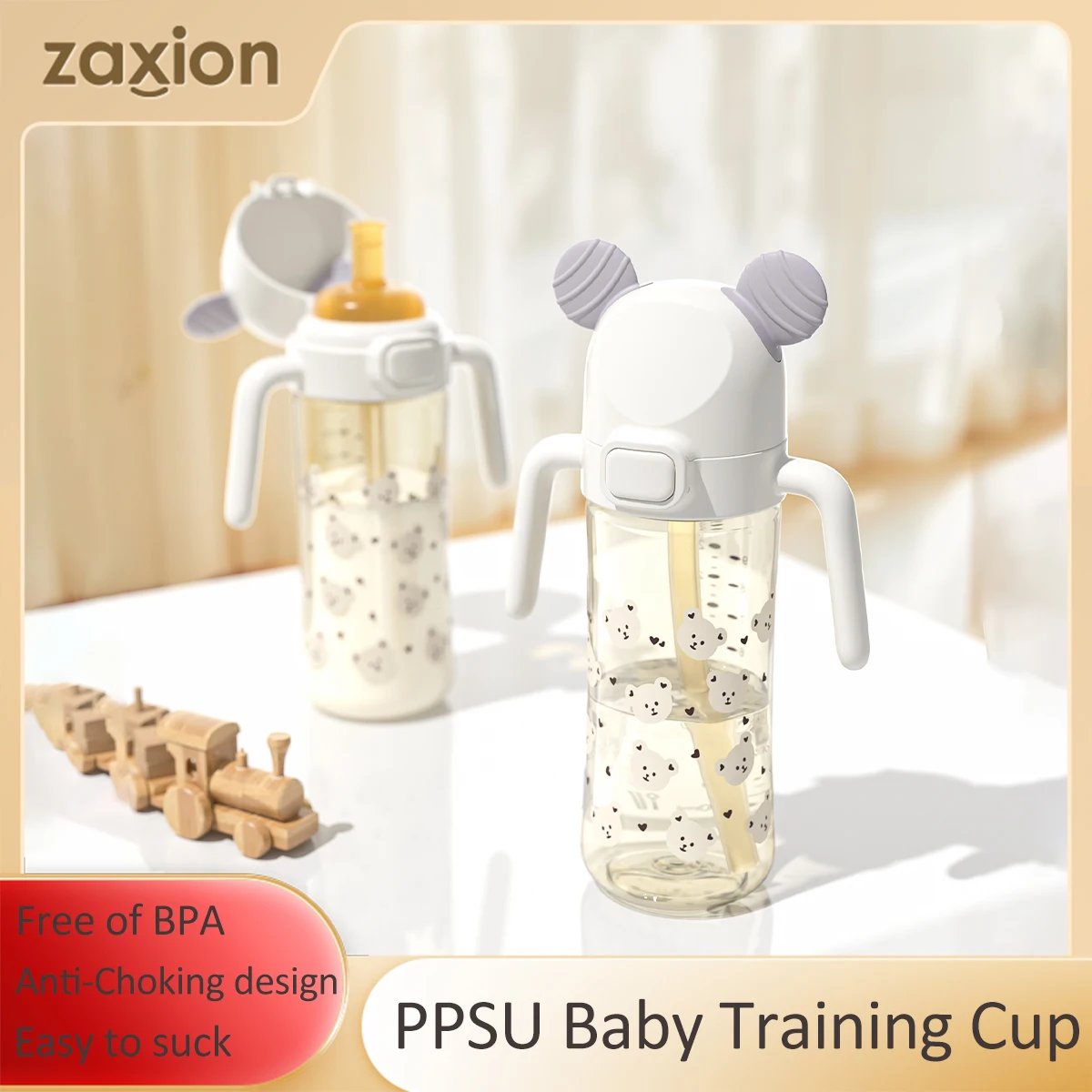 PPSU Flip-top Baby Bottle with Straw, Wide Neck Sippy Cup, Anti-choke Drinking Cup for Toddlers and Kids