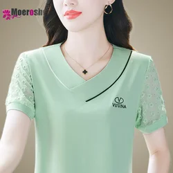 Summer 2024 Female Tee Women's Shirt V Neck Pulovers Sports T-shirt  COTTON  Slight Strech Womens Blouses Trend T-shirts Lady