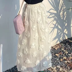 Spring 3D Roses Embroidered Long Gauze Skirts Handmade Pink Flowers Appliqued A-line Long Skirts