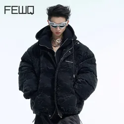 FEWQ 2024 Winter New Men's Fake Two-piece Plush Thick Cotton Jacke Hooded Splicing Design Fashion Zipper Male Short Coat 24E5177