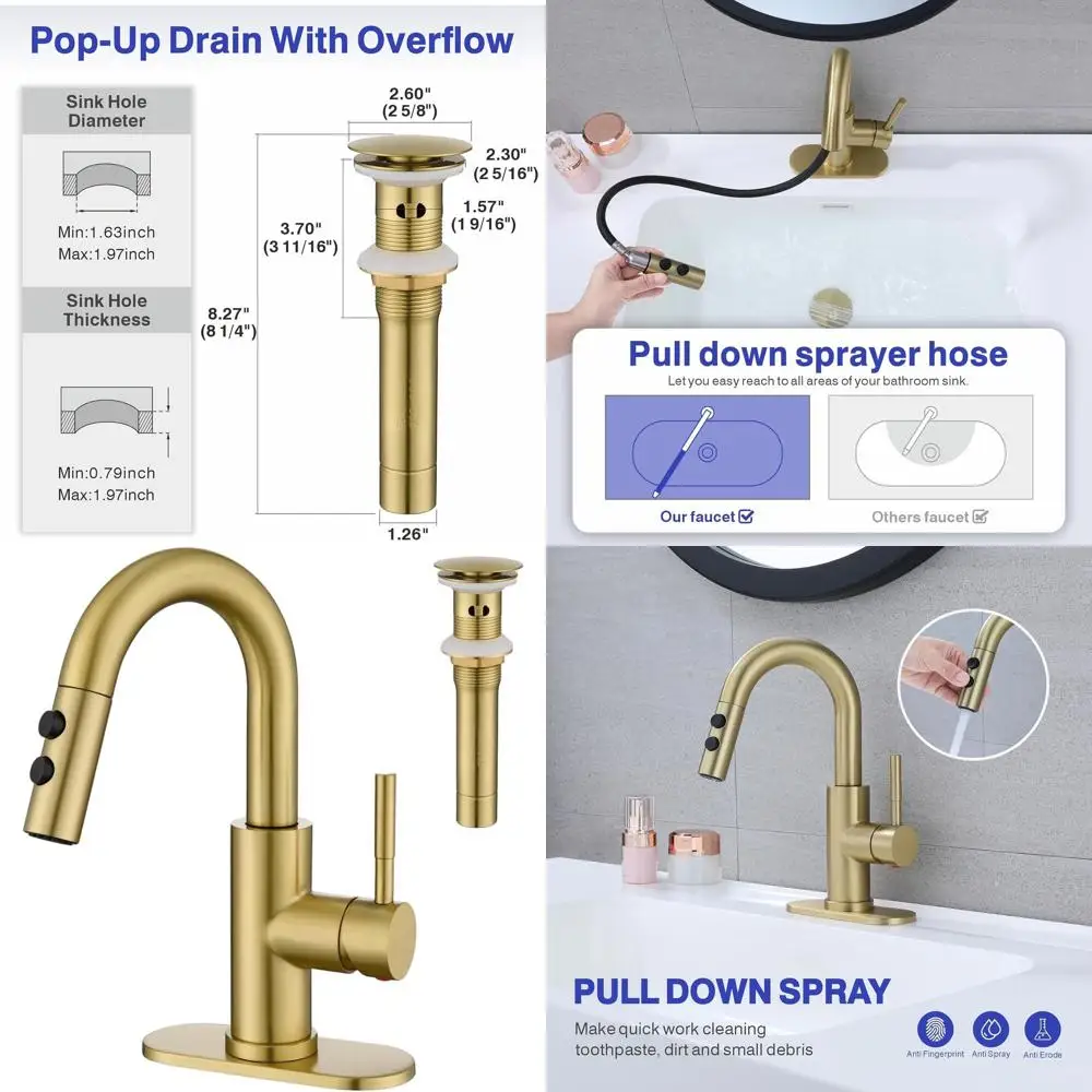

Brushed Gold Single Handle Pull-Out Spray Faucet with Pop-Up Drain for Bathroom Sink, KBL-7002BG-CL
