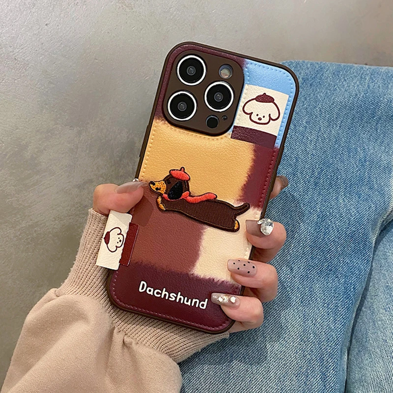 Lovely Embroidered Puppy Dog Leather Drum Bag Case For iPhone 11 12 13 14 15 16 17 Pro Max Shockproof Phone Back Cover