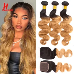 HairUGo 2/3/4 Body wave Hair Bundles With Closure T1B/27 Ombre Blonde Human Hair Bundles With 4x4 Lace Closure Remy Hair Weaving
