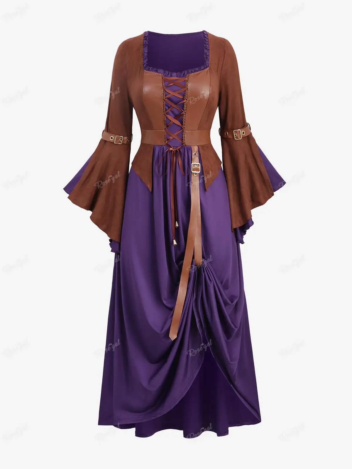 ROSEGAL-Robes Renaissance médiévales pour femmes, grande taille, volants, lacets, manches évasées, cuir PU, patchwork, robe Maxi, robe éducative