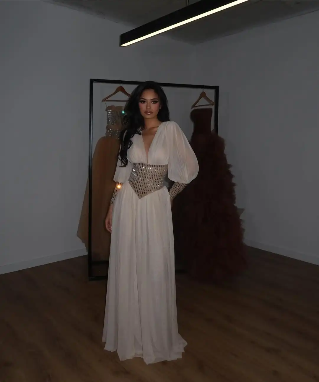 تصميم جديد الخامس الرقبة الوهم فريد الخصر كريستال التألق ألف خط ثنيات المتدرج الشيفون مساء حفلة موسيقية فستان رسمي #5