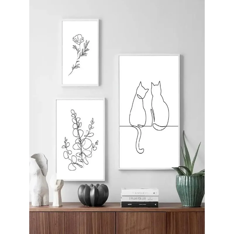 Abstract Girl  Cat Silhouette Canvas Art  Black  White Floral Body Contour Wall Printing for Living Room