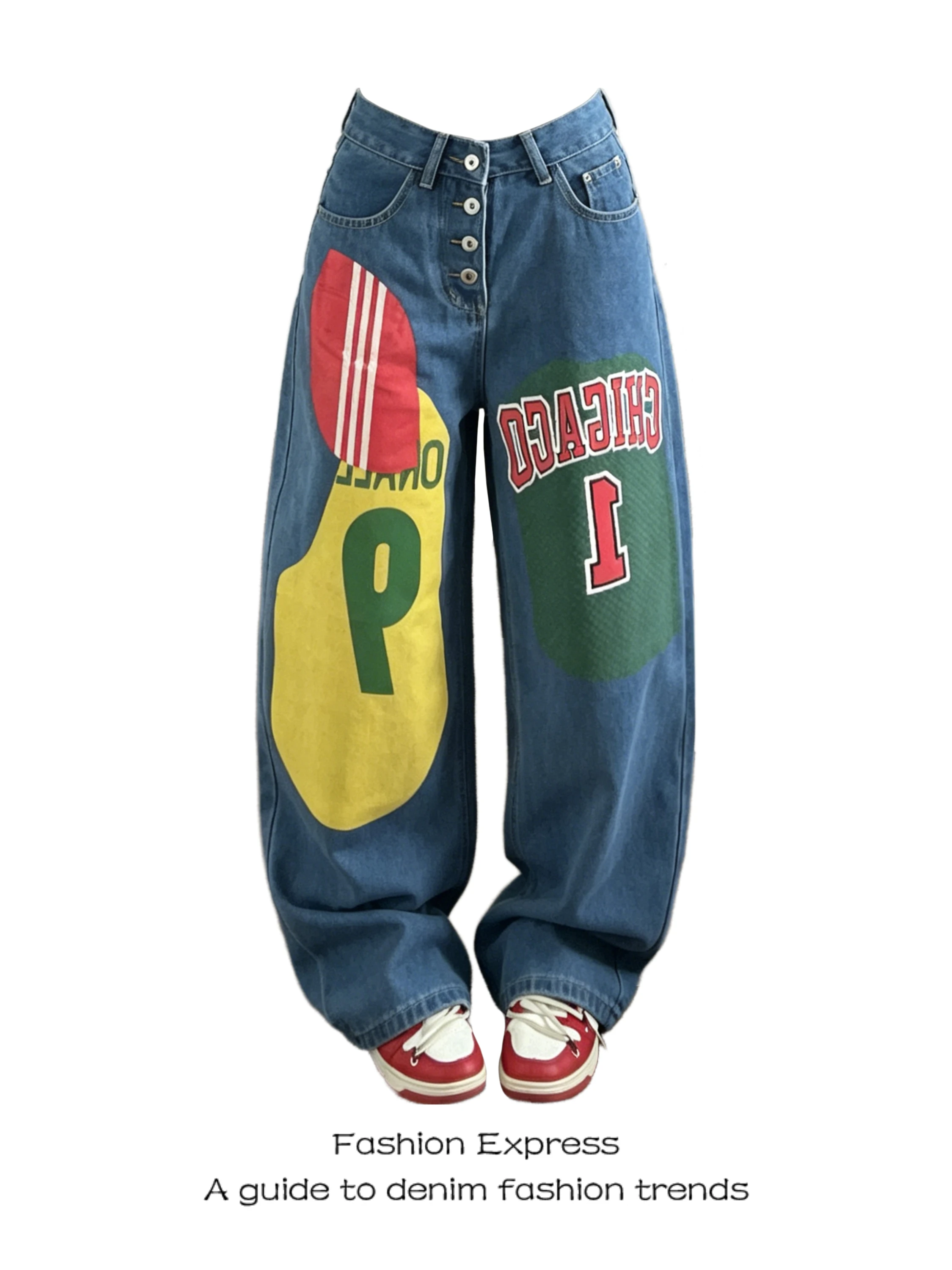 

American Street Style Loose Wide Leg Denim Jeans Women's Color Block Casual Print Hiphop High Street Floor-Length Knife Pants