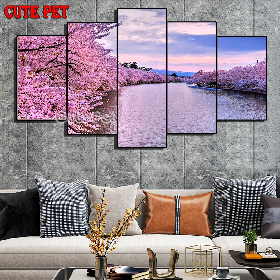 Diy Diamond Painting Beautiful scenery pink tree Embroidery Full Square Drill Lakeside view Cross stitch Mosaic Decor Art 5PCS