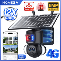 INQMEGA 4K 6MP Solar Security Camera 360 PTZ 12X Zoom 4G Solar Three Lens Red/Blue Alarm Outdoor CCTV Wireless Network Camera