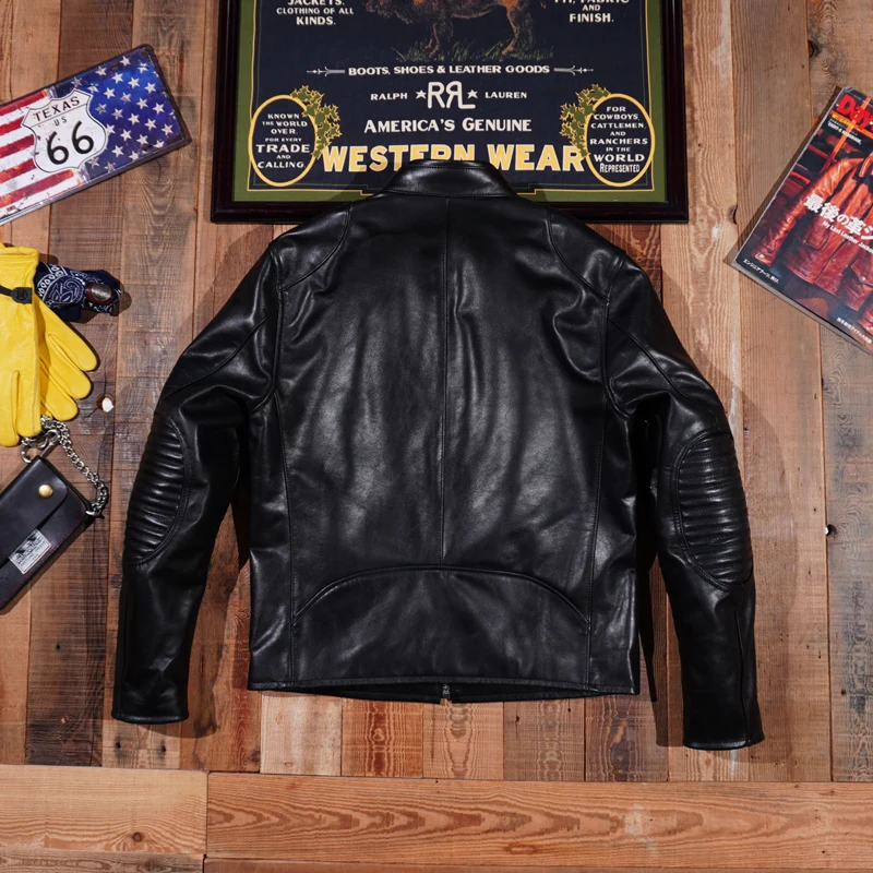 Italian Unpainted Cowhide Leather Jacket with Standing Collar and Black Venom 1930 Slim Fit Motorcycle RL Male