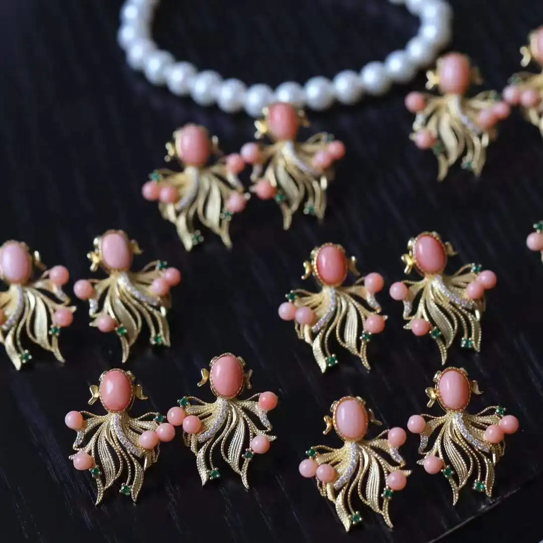 

Certificated 925 Silver Genuine Precious Coral Forturne Koi Climber Drop Dangle Earring For Women Natural Pink Gemstone Ear Stud