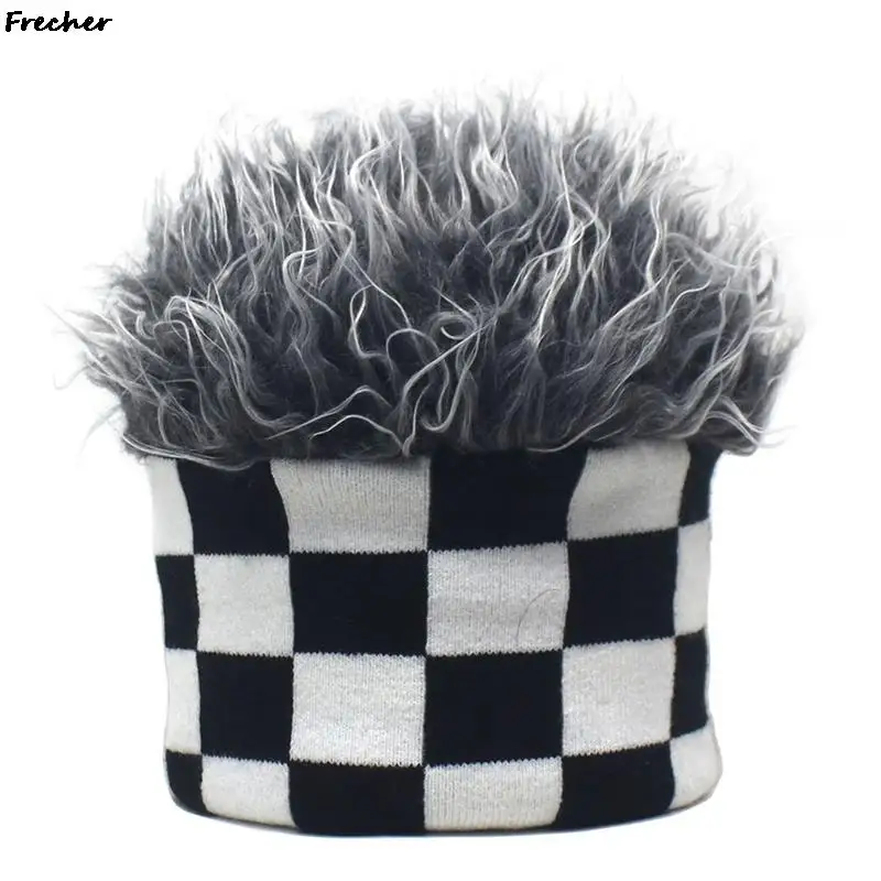 Checkerboard Landlord Hat Autumn Winter Short Wig Brimless Beanie Hats Cosplay Party Props Unisex Street Cool Hair Knitted Cap