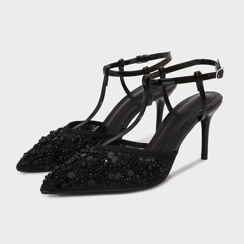 

Роскошные женские вечерние модельные туфли с острым носком, черные летние дизайнерские женские босоножки на высоком каблуке с ремешком на щиколотке и ремешком на пятке