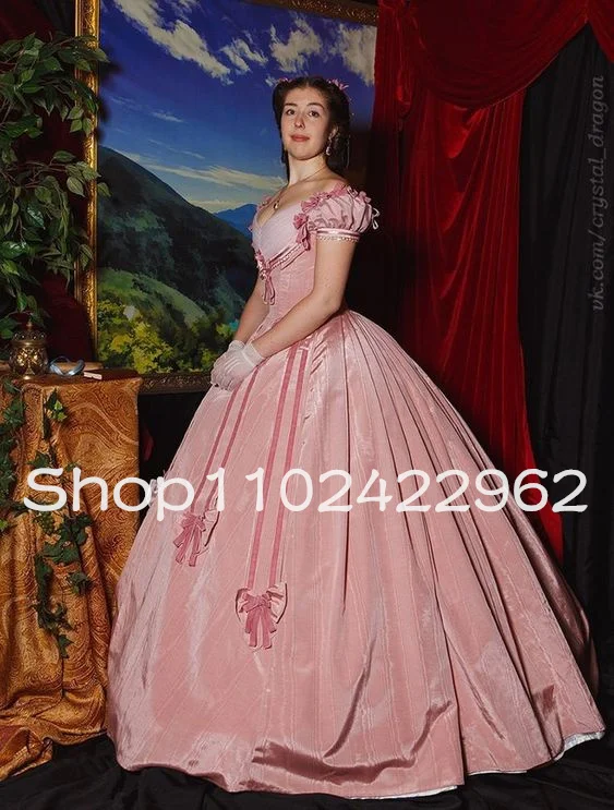 Pink Historical Costume Victorian Prom Occasion Dresses Fairy Off Shoulder Belle Epoque Bordeaux Princess Evening Gown