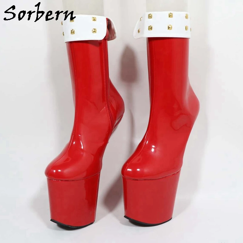 Sorbern Red Shiny Ankle Boots Women Unisex Style Heelless Platform Shoes Rivets Ankle Punk Booties No Heel Shoe Custom Color