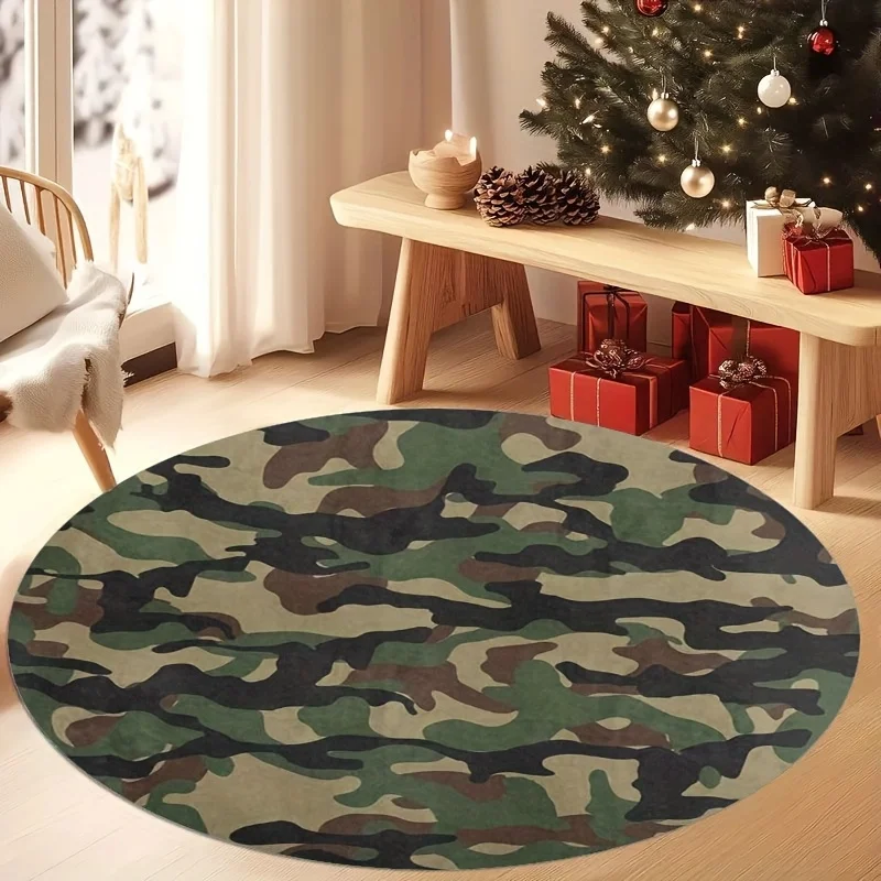 Military Camouflage Round Carpet Fleece Army Green Brown Black Pattern Man Cave Garage Game Room Floor Mat Tactical Style Home
