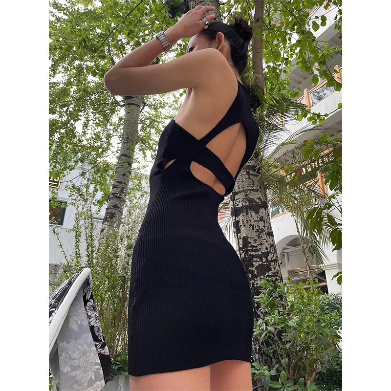 Clearance Niche Design Back Hollow Knitted-Wrapped Sleeveless Short Skirt Hot Girl Black Dress
