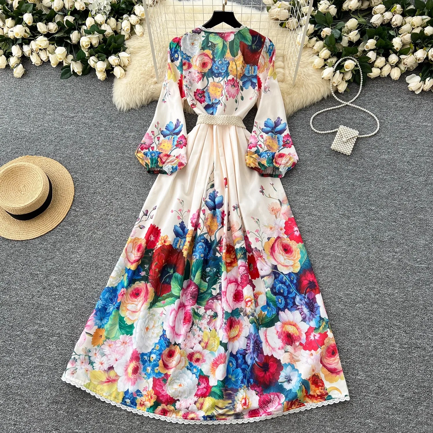 Primavera verão férias lindo vestido de linho flor feminina manga alargamento com decote em v rendas guarnições cintura alta floral impressão vestidos longos