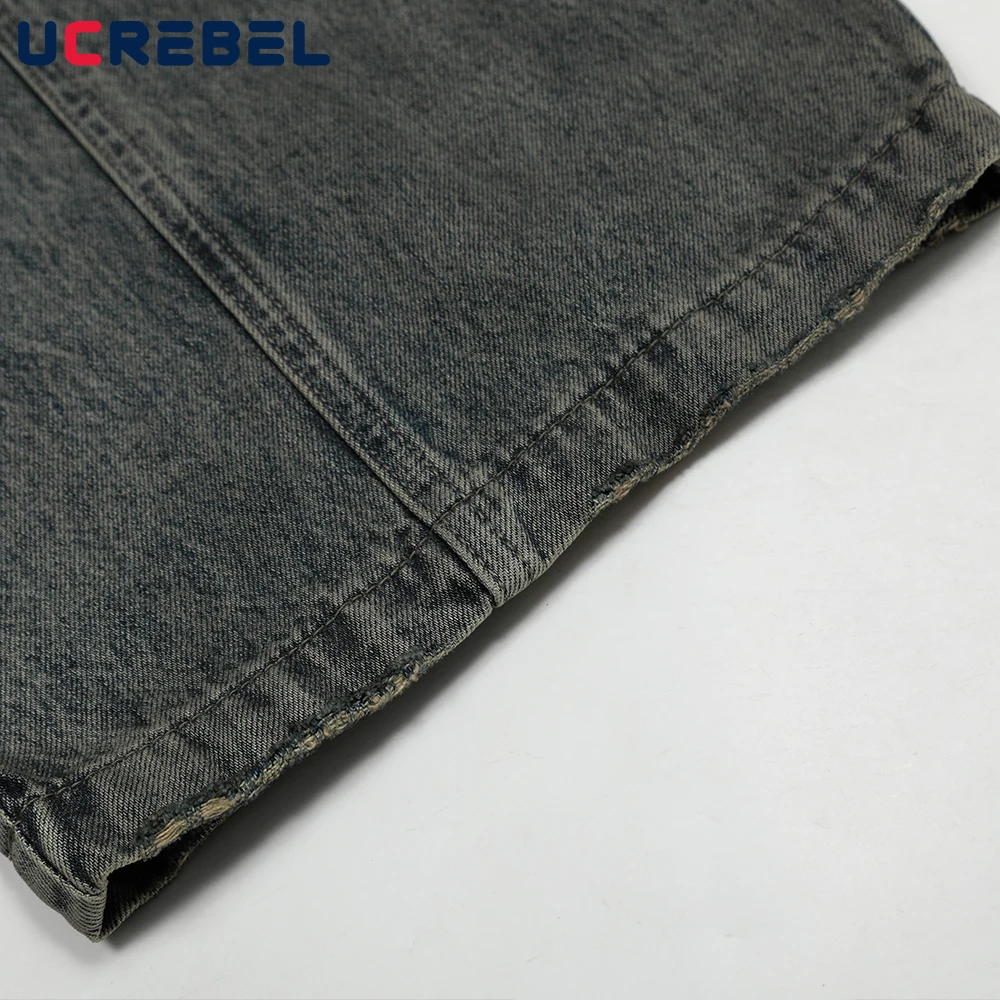 Spliced Scimitar Jeans Mens Washed Distressed Retro High Street Loose Wide Leg Denim Pants Men