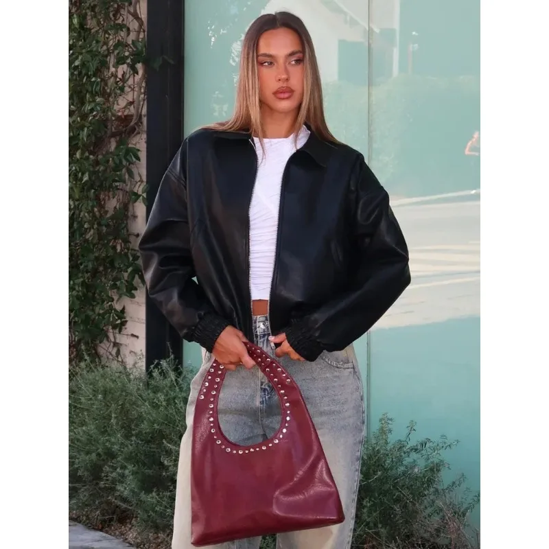 Chaqueta de cuero para mujer, estilo casual y elegante, color rojo vino, con solapa, cuello en V, manga larga, cremallera, holgada, cálida y corta.