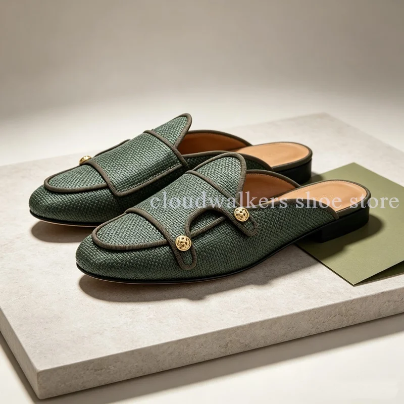 Men Woven Backless Mule Loafer Buckle Metal Button Decor Slip On Flat Mules Multiple Textures Colors Bohemian Beach Casual Mules