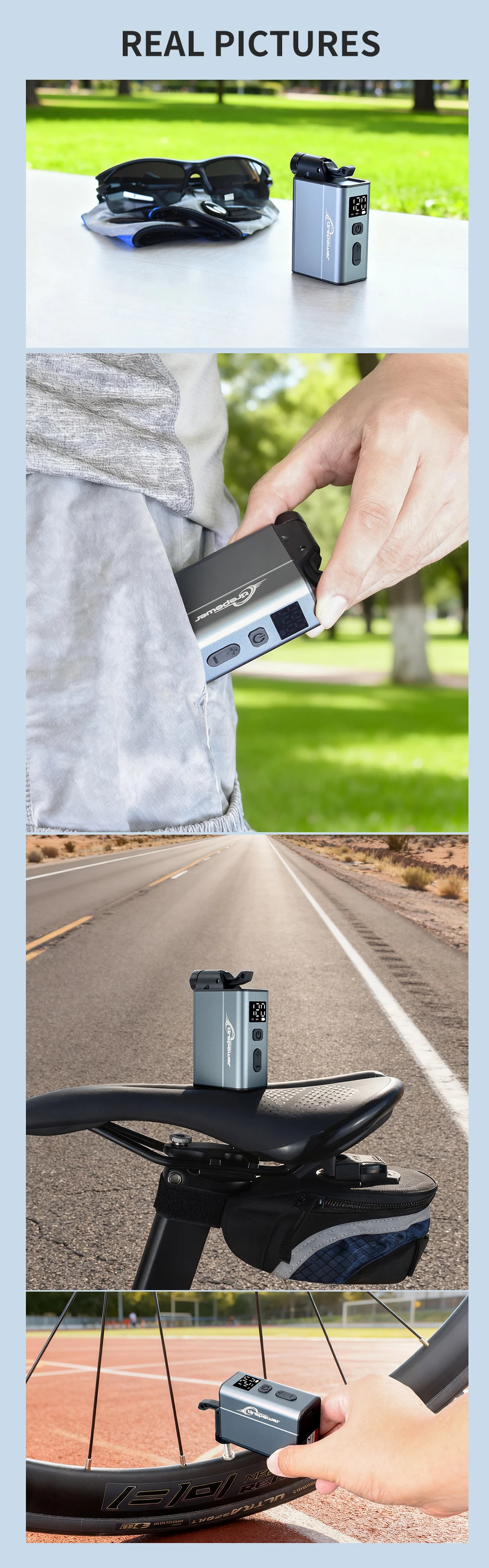 Elektrische Fahrradpumpe mit schnellem USB-C-Ladeanschluss, 120 PSI, tragbarer Mini-Reifenfüller mit zwei 480mAh Akkus und Display – Detail 32