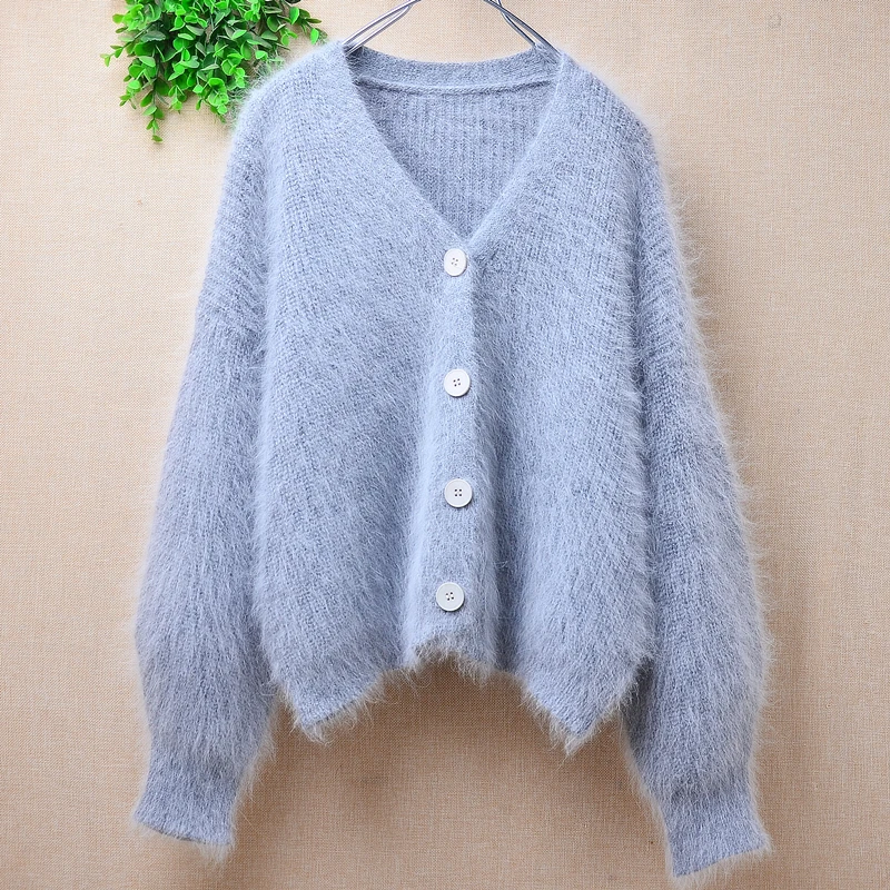 

Ladies Women Fall Winter Clothing Grey Hairy Angora Rabbit Hair Knitted V-Neck Long Sleeves Loose Cardigans Angora Sweater Coat