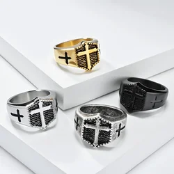 16mm Vintage Cross Ring for Men Black Gold Color Stainless Steel Qualtiy Punk Jewelry Wholsale
