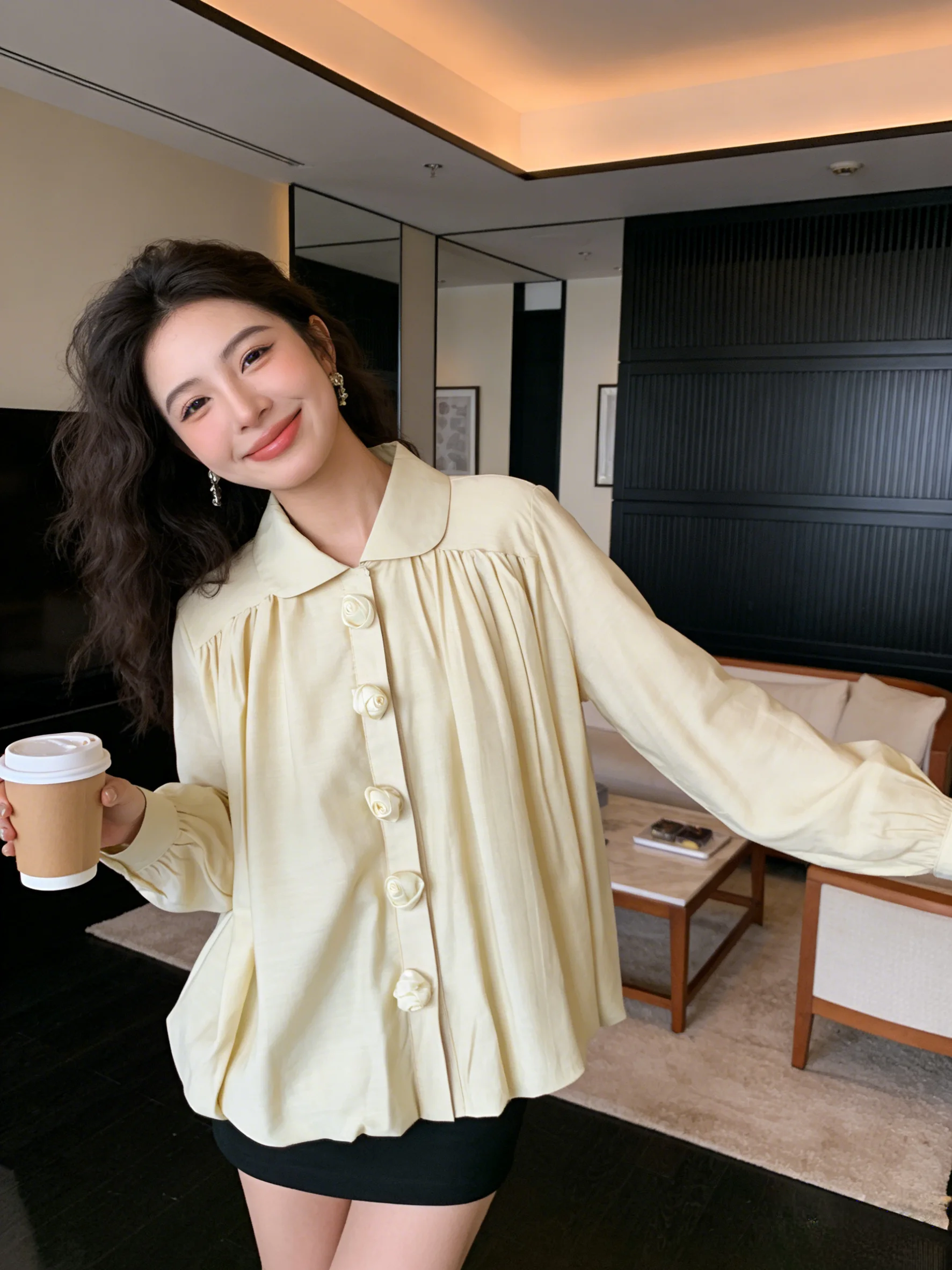 

Ele V-Ne Bell Sve irt Women's Spring New Slimming Chiffon Top Korean Sle Loose Fit Long Sve Breathable Skin-F...