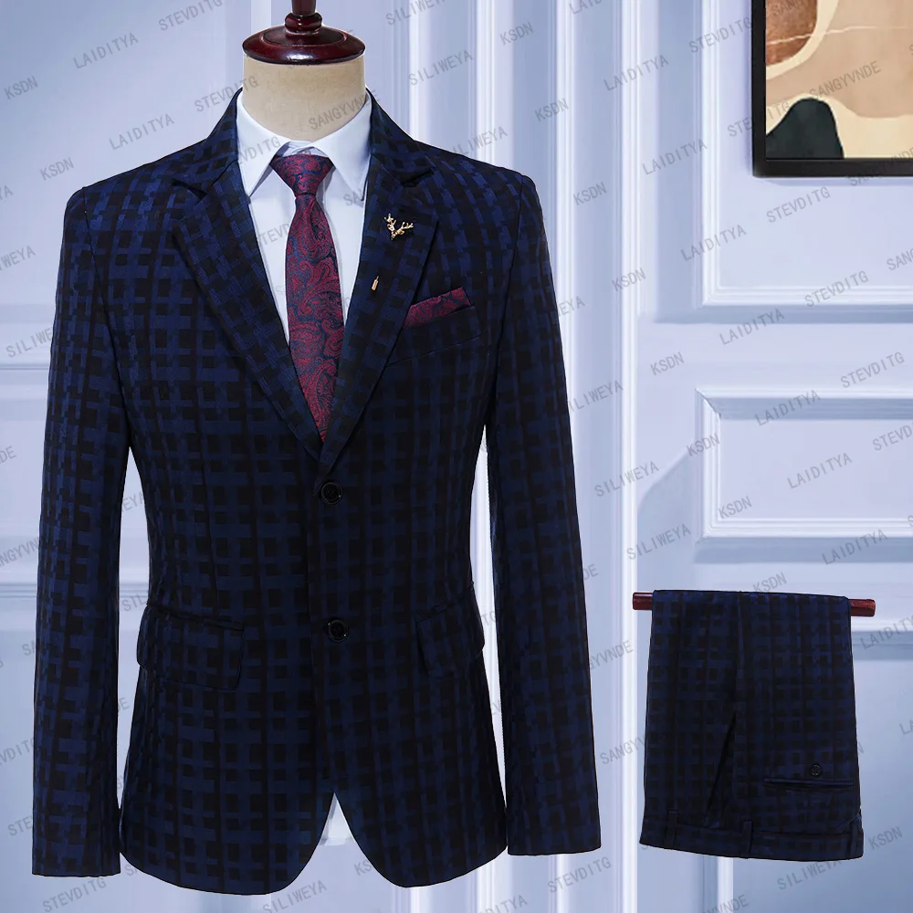 

2023 New Dark Blue Black Pattern 2Pcs Set Men's Suit Blazers Pants Classic Business Gentleman Formal Groom Wedding Men Clothing