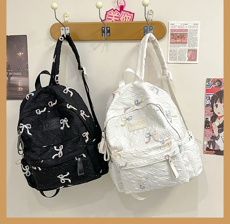 Colorful Bow Full Print Ruched Fabric Backpack Four Colors Available Large Capacity Girls Junior High High School School Bag