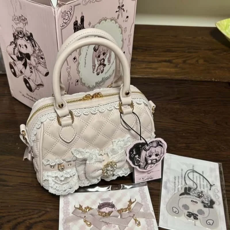 Quilted Boston Bag Lace Bow, Crossbody Handbag Large Capacity Shoulder, Purse Cute Lolita Kawaii Tote, For Women Girls Travel