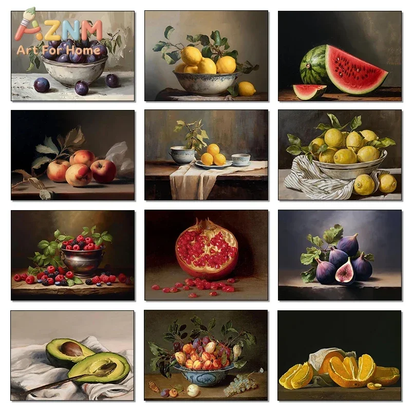 AZNM Vintage Fruit Still Life Canvas Wall Art, Lemon Pomegranate Watermelon Avocado Classical Oil Painting Print, Kitchen Dining