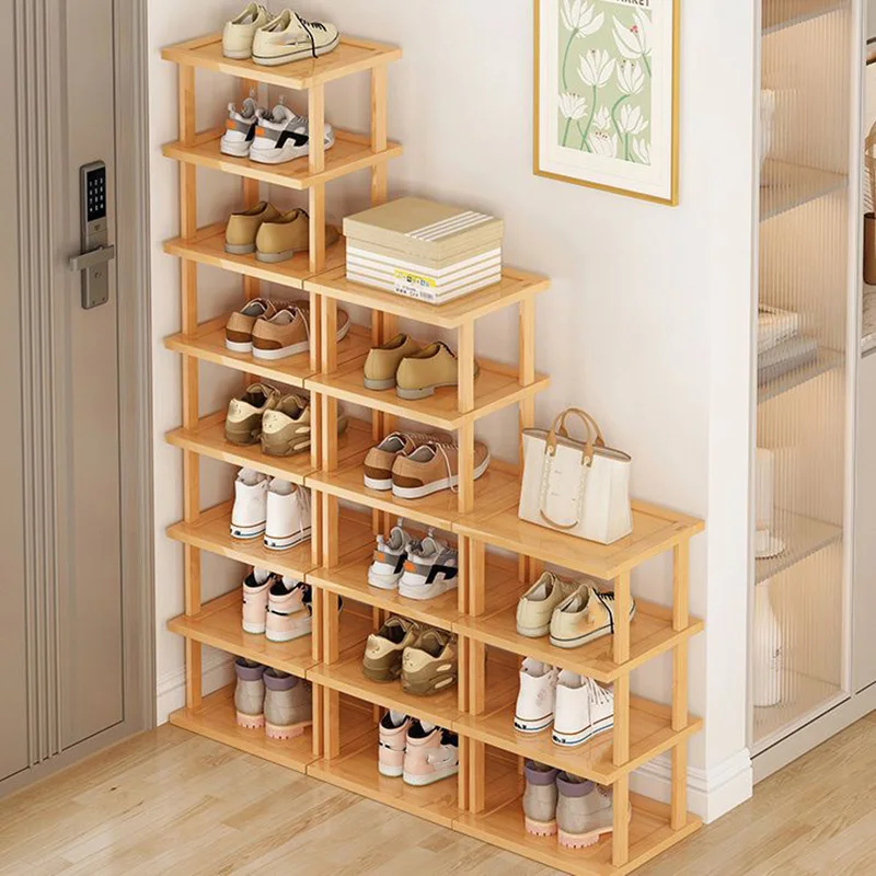 Natural Wood Shoe Rack Multi-Layer Stackable Shoe Organizer Wall Corner Storage Rack Space Saving Shoe Cabinet Home Shoe Shelf