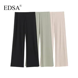 EDSA Women Ribbed Wide Leg Trousers Elastic Waistband Seamless Hems Long Pants For Office Lady