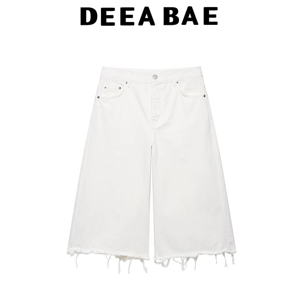 DEEABAE Spring new women's clothing white fringed denim straight leg casual and lazy style fashionable versatile cropped pants