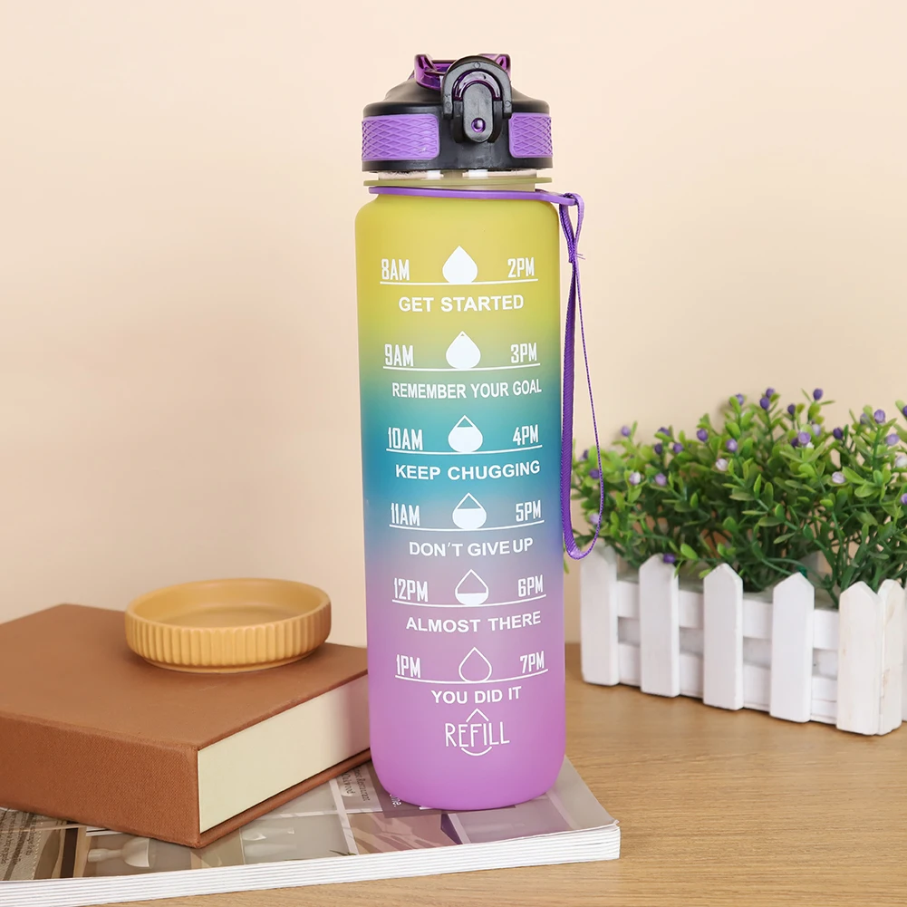 1L Gradient Color Motivational Sports Water Bottle with Time Marker Leak-proof Drinking Water Bottle Outdoor Sports Travel Kettl
