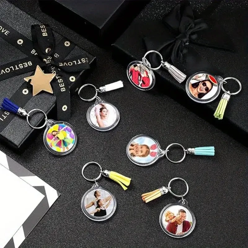 100Pcs Round Blank Acrylic DIY Photo Frame Pendant Keychain Photo Blank Round Photo Frame Colorful Tassel Insert Photo Keychain